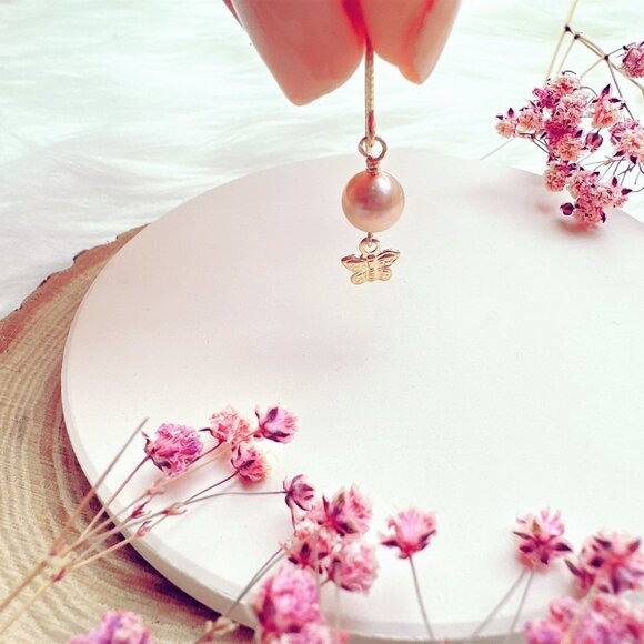 New Light Purple Freshwater Pearl Earrings with Butterfly Charm | Handmade in BC - Picture 5 of 8